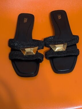 Zara Black Braided Slide Sandals with Gold Geometric Accent